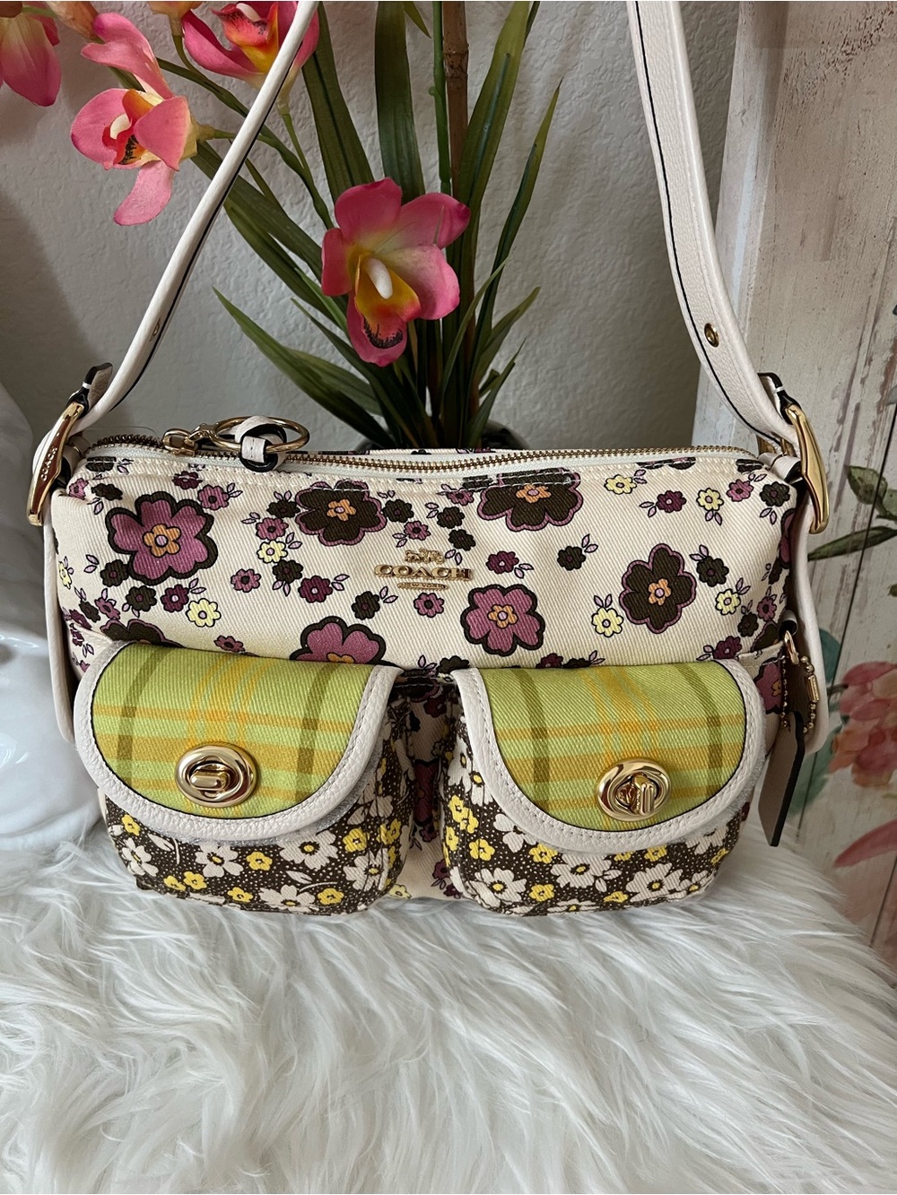 Coach floral cargo Bag with Gold Hardware